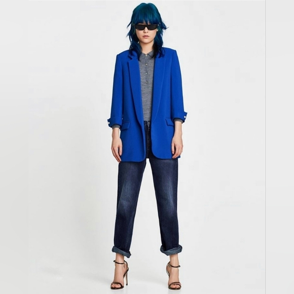 Zara Blazer Cobalt Blue Womens Size Medium Preppy Bold Open Front Workwear - Picture 16 of 16